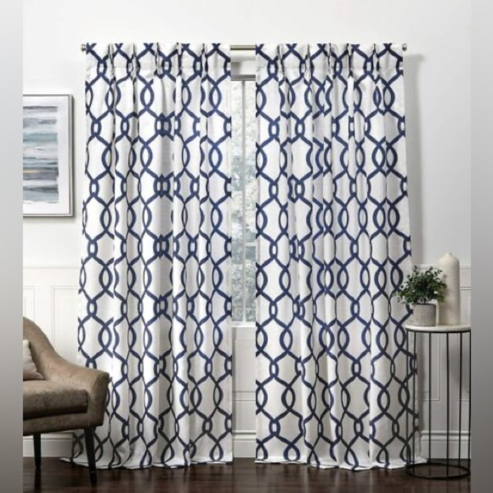 Luxurious Navy/White Trellis Hidden Tab Top or Rod Pocket 54”W X 83”L Panel Pair